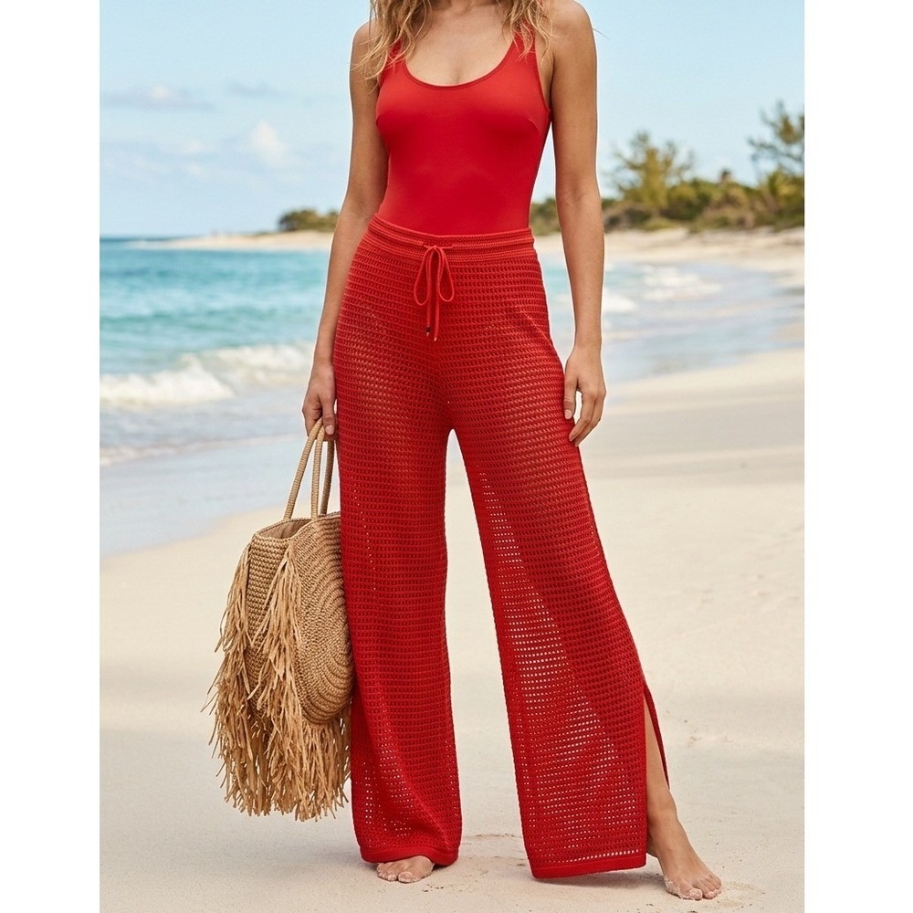 Haute Hippie Style Pants Red Crochet Wide Leg Beach Coverup Boho Beach Resort M